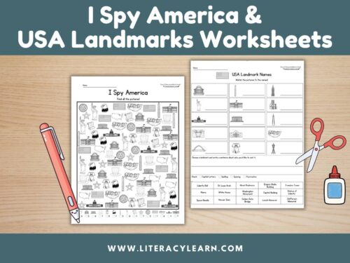 Graphic titled, "I Spy America & USA Landmarks Worksheets."