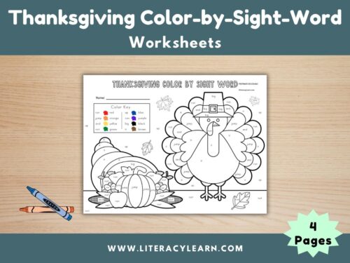 Cover photo for Thanksgiving color by sight word worksheets.