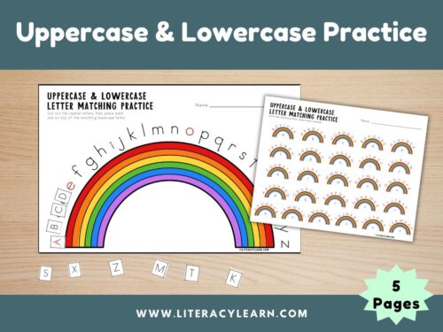 Cover graphic showing rainbow worksheets for uppercase/lowercase practice.