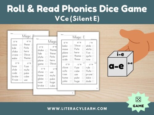 Cover graphic for VCe silent E phonics dice roll and read.