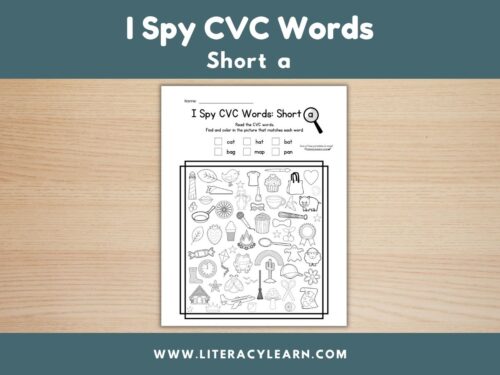 Graphic titled, "I Spy CVC Words: Short a."