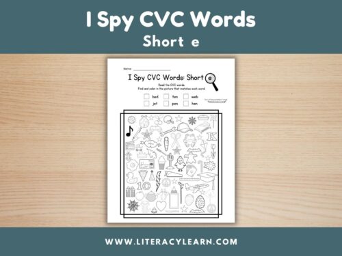 Graphic titled, "I Spy CVC Words: Short e."