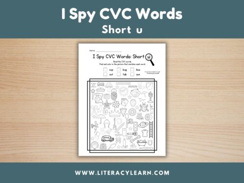 Graphic titled, "I Spy CVC Words: Short u."