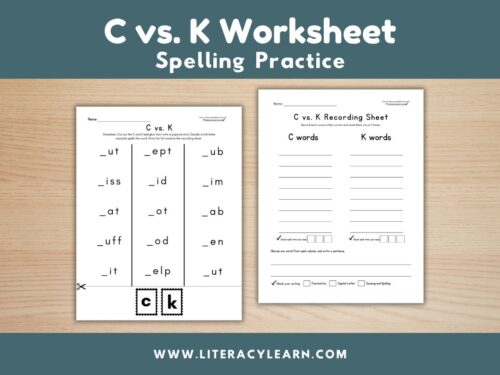 Graphic titled, "C vs. K Worksheets: Spelling Practice."
