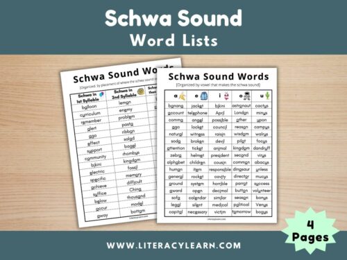 Graphic titled, "Schwa Sound Word List."