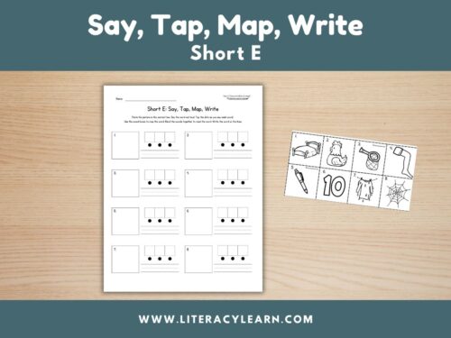 Graphic titled, "Say, Map, Tap, Write: Short e."