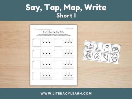 Graphic titled, "Say, Map, Tap, Write: Short i."