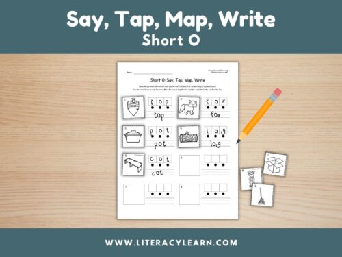 Graphic titled, "Say, Map, Tap, Write: Short O."