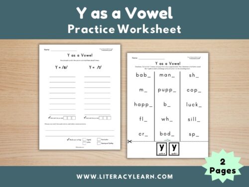 Graphic titled, "Y as a Vowel Worksheets."
