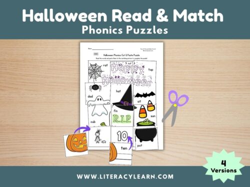 Graphic titled, "Halloween Read & Match Phonics Puzzles."
