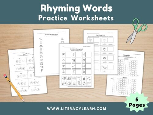 Graphic titled, "Rhyming Words Practice Worksheets."