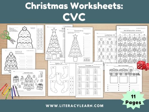 Graphics titled, "Christmas CVC Worksheets."