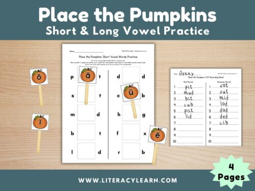 Cover photo for place the pumpkins vowel sounds practice.