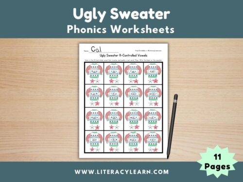 Graphic titled, "Ugly Sweater Phonics Worksheets."