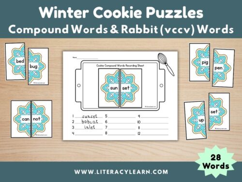 Graphic titled, "Winter Cookies Puzzles: Compound Words & Rabbit Words."