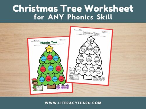 Graphic titled, "Christmas Tree Worksheet for ANY Phonics Skill."
