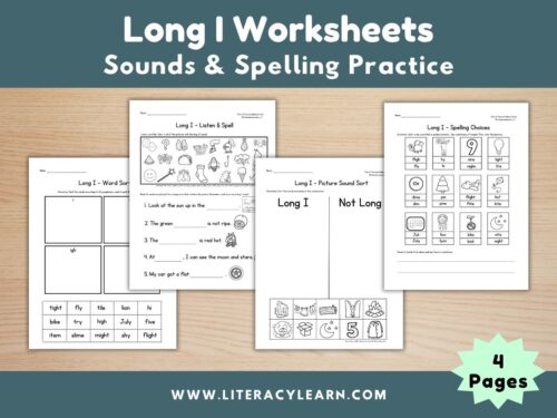Graphic titled, "Long I Worksheets: Sounds & Spelling Practice."