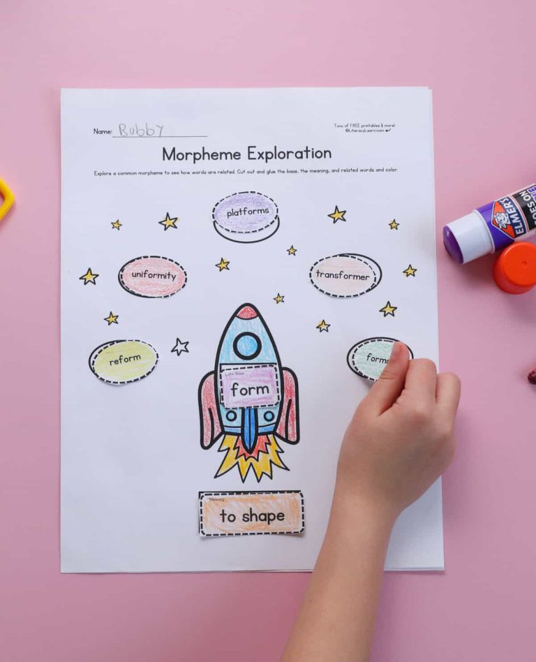 Image of a child completing a latin morpheme exploration worksheet.