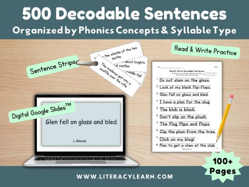 500 Decodable Sentences: Sentence Strips, Google Slides, and Worksheets