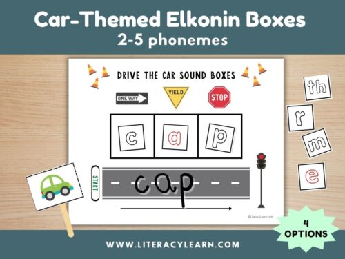 Graphic titled, "Car-Themed Elkonin Boxes: 2-5 Phonemes."