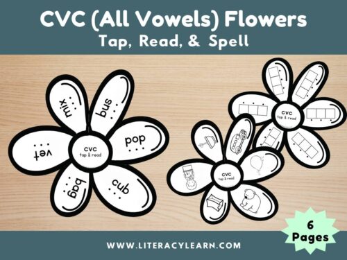 Graphic titled, "CVC (All Vowels) Flowers: Tap, Read, and Spell."