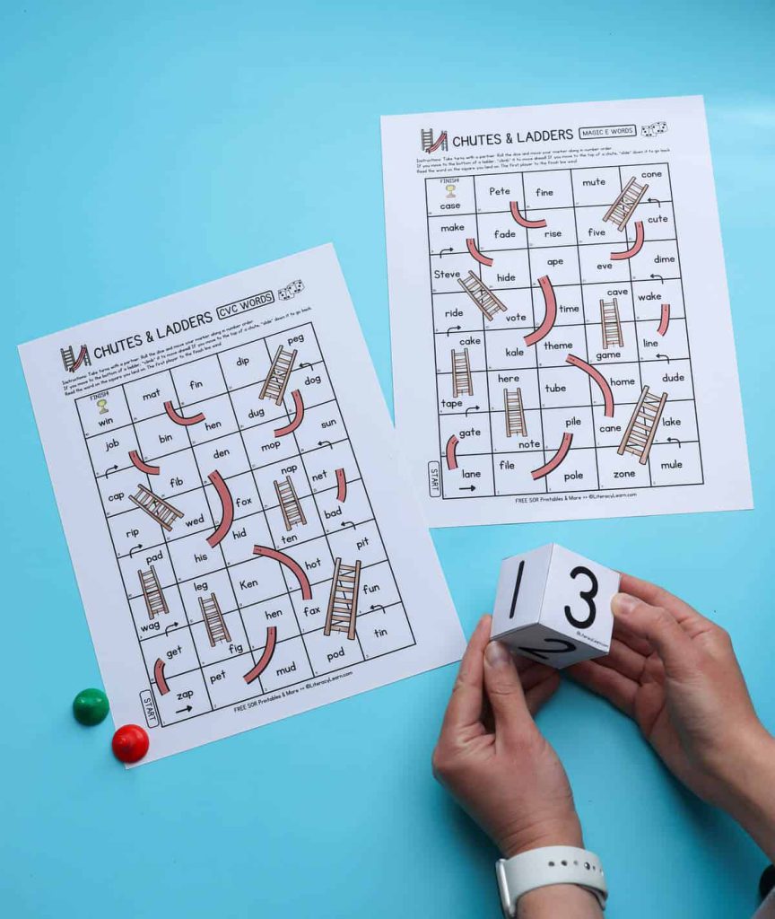 A printed chutes and ladder game for cvc and Vce with a printable dice.
