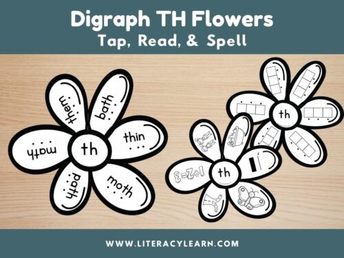 Graphic titled, "Digraph TH Flowers: Tap, Read, and Spell."