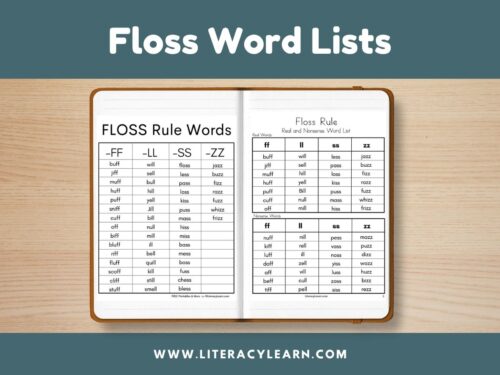 Cover titled "FLOSS Word Lists" with notebook and picture of word lists.