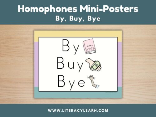 Graphic titled, "Homophones Mini-Poster: By, buy, bye."