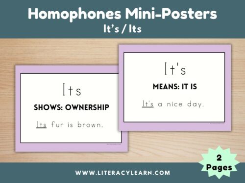 Graphic titled, "Homophones Mini-Posters: Its/It's."