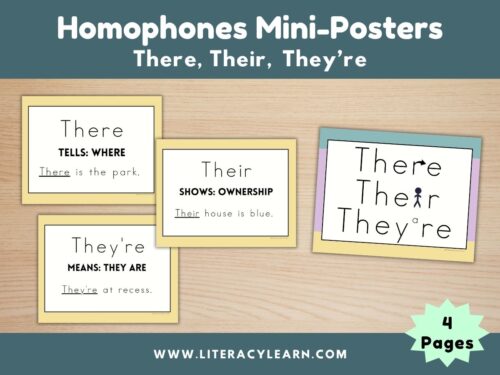 Graphic titled, "Homophones Mini-Posters: There, their, they're."