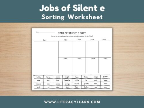 Graphic titled, "Jobs of Silent e Sorting Worksheet."