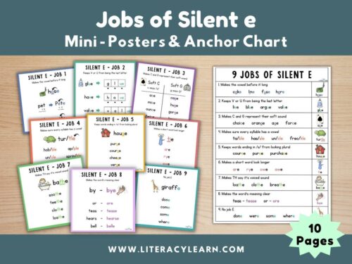 Graphic titled, 'Jobs of Silent e Mini-Posters & Anchor Chart.'