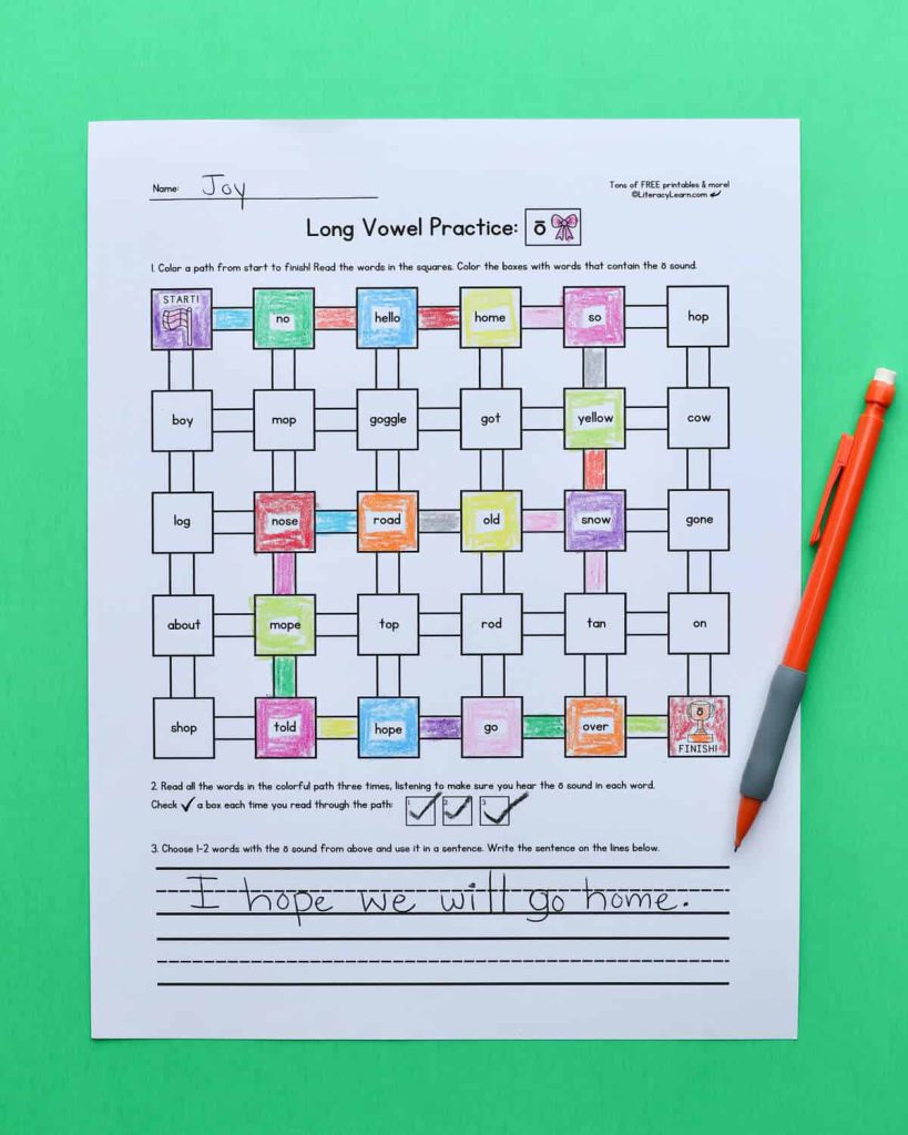 A printed Long O Maze worksheet.