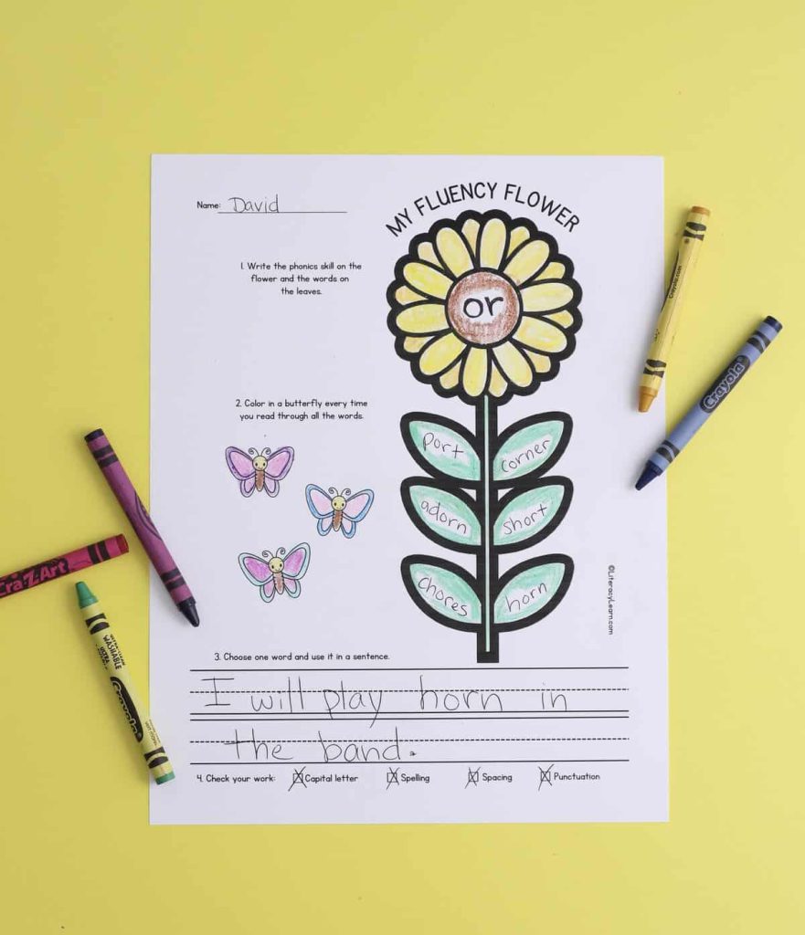 A printed fluency flower worksheet.