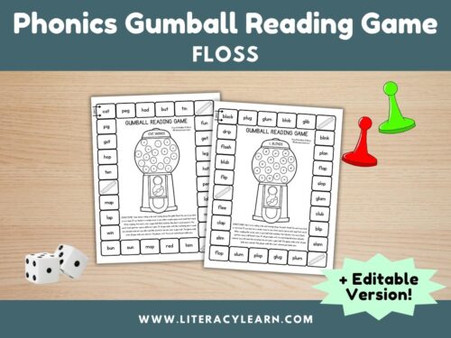 Graphic titled, 'Phonics Gumball Reading Game: Floss."