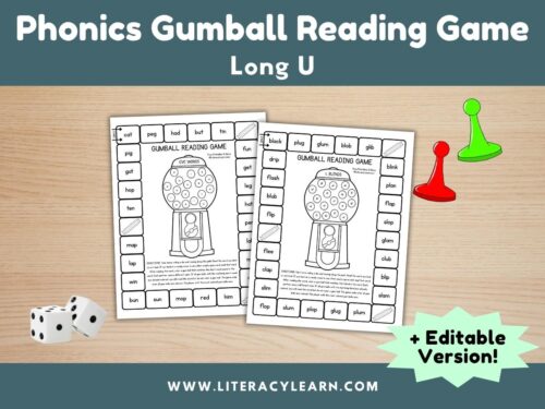 Graphic titled, 'Phonics Gumball Reading Game: Long U."