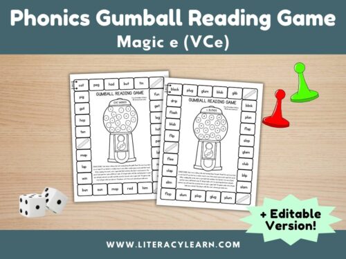 Graphic titled, 'Phonics Gumball Reading Game: Magic e."