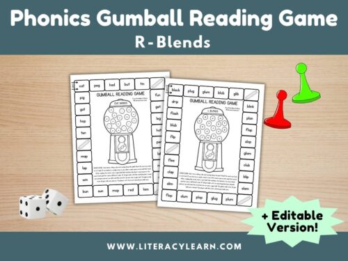 Graphic titled, 'Phonics Gumball Reading Game: R-Blends."