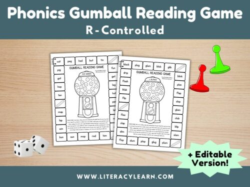 Graphic titled, 'Phonics Gumball Reading Game: R-Controlled."