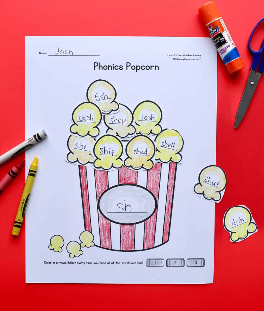 Printed and completed phonics popcorn activity.