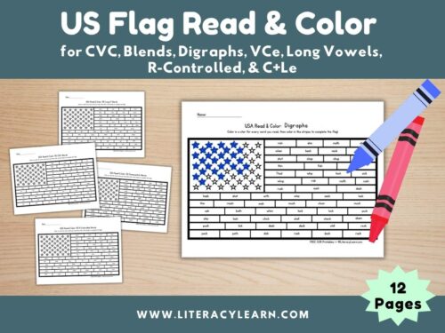 Graphic titled, "US Flag Read & Color" with phonics skills listed.