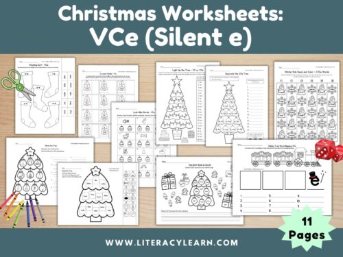 Graphic titled, "Christmas Worksheets: VCe/Silent E."