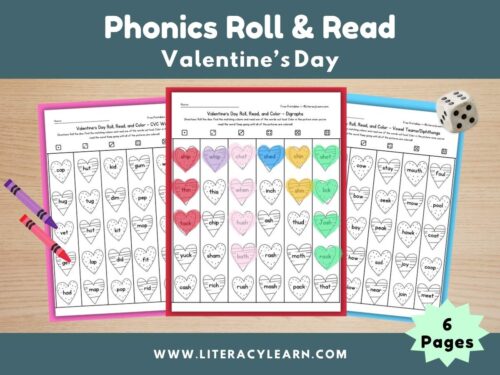 Graphic titled, "Valentine's Day Phonics Roll, Read, and Color."
