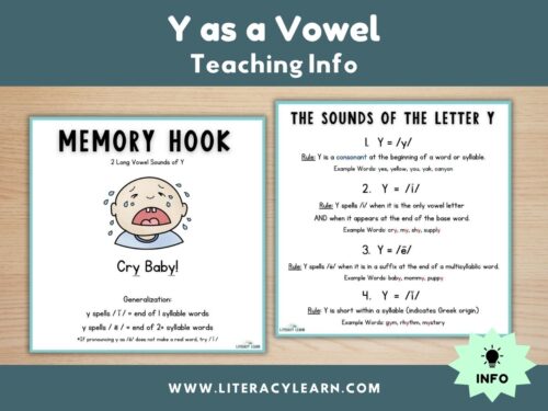 Graphic titled, "Y as a Vowel Teaching Info."