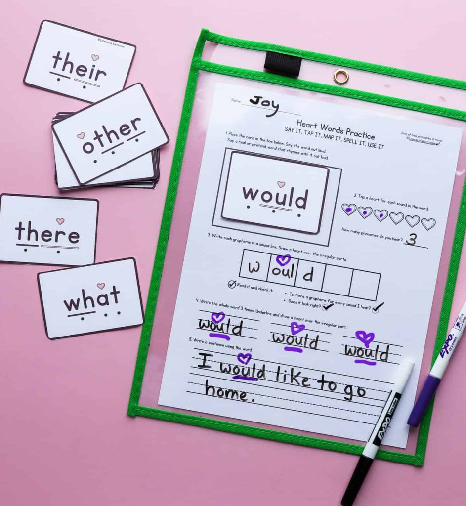 Printed heart words worksheet with flash cards.