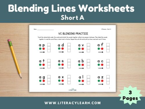 Cover photo for blending lines worksheets for short a words.