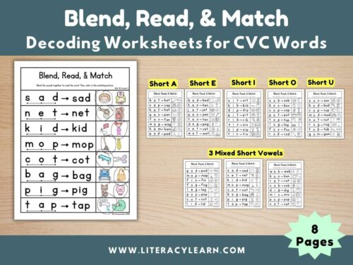 Graphic showing blending worksheets for CVC Words.