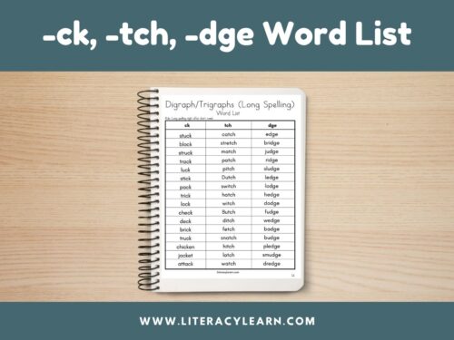 Cover titled "-ck, -tch, -dge Word List" with notebook and picture of word list.