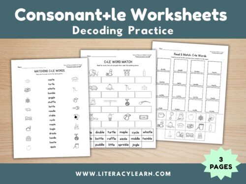 Graphic titled, "Consonant+le Worksheets: for decoding practice."